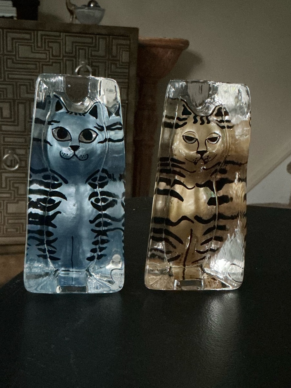 Pair of Handblown Glass Cat Sculptures - Blue and Amber